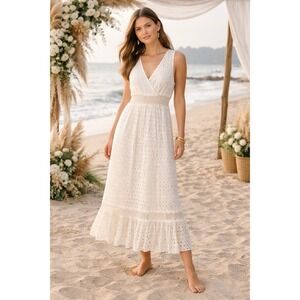 Anthro Leif Notes Ivory Eyelet Lace Midi Dress Smocked Waist Boho Prairie NWT